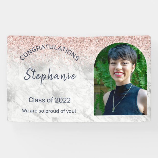 Rose Gold Glitter Photo Congratulations Graduation Banner (Horizontal)