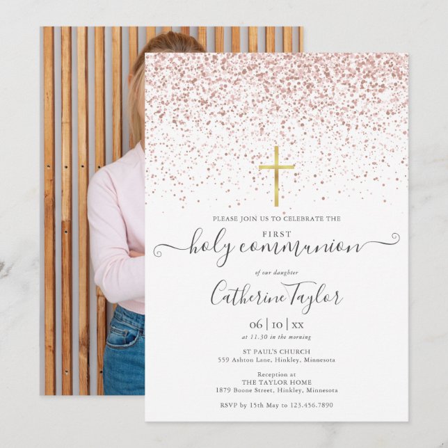 Rose Gold Glitter Photo First Holy Communion Invitation (Front/Back)