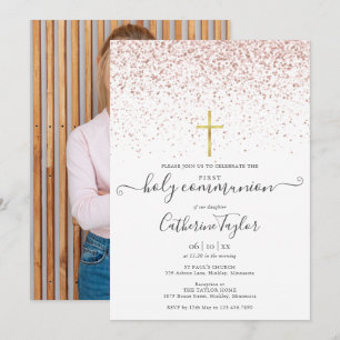 Rose Gold Glitter Photo First Holy Communion Invitation