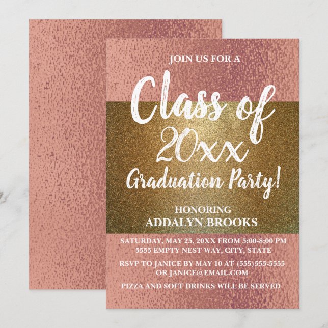 Rose Gold Glitter Photo Grad Party Invitation (Front/Back)