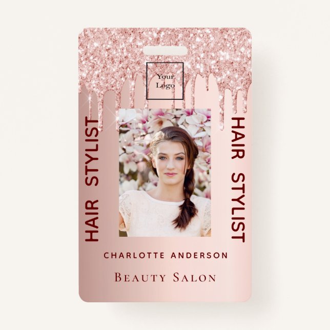 Rose gold glitter photo hair stylist beauty salon ID badge (Front)