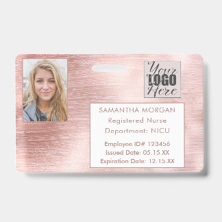 Rose Gold Glitter Photo Logo Employee ID Badge