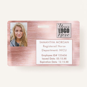 Rose Gold Glitter Photo Logo Employee ID Badge