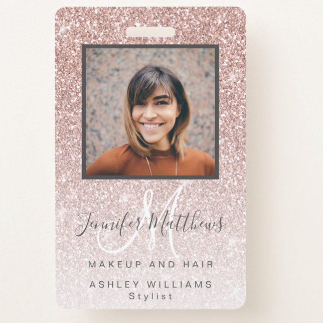 Rose Gold Glitter Photo Makeup Hair Salon ID Badge (Creator Uploaded)