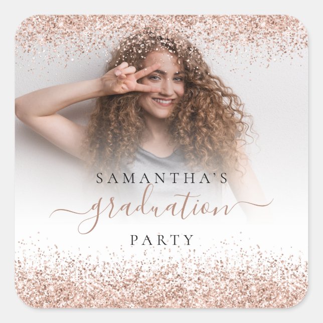 Rose Gold Glitter Photo Name Grad 2022 Party  Square Sticker (Front)