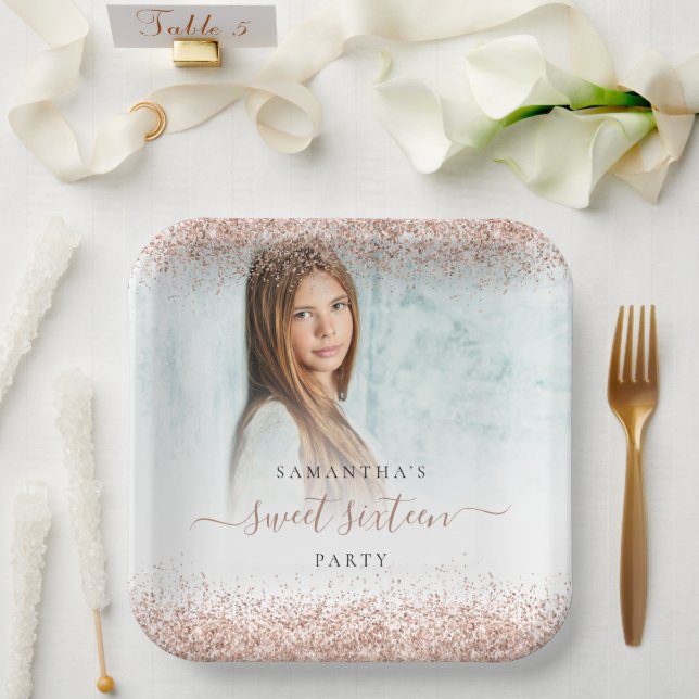 Rose Gold Glitter Photo Name Sweet Sixteen Party Paper Plate (Wedding)