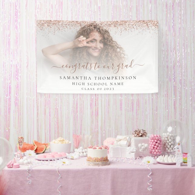Rose Gold Glitter Photo Script 2024 Graduation Banner (Party)