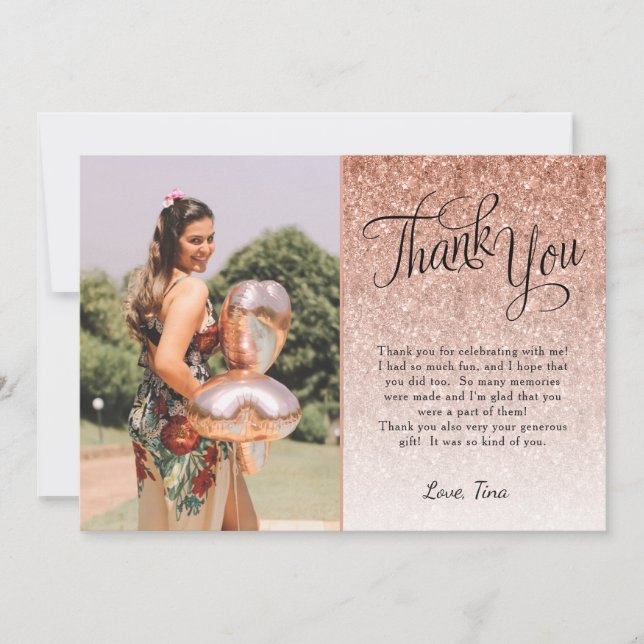 Rose Gold Glitter Photo Thank You Card (Front)