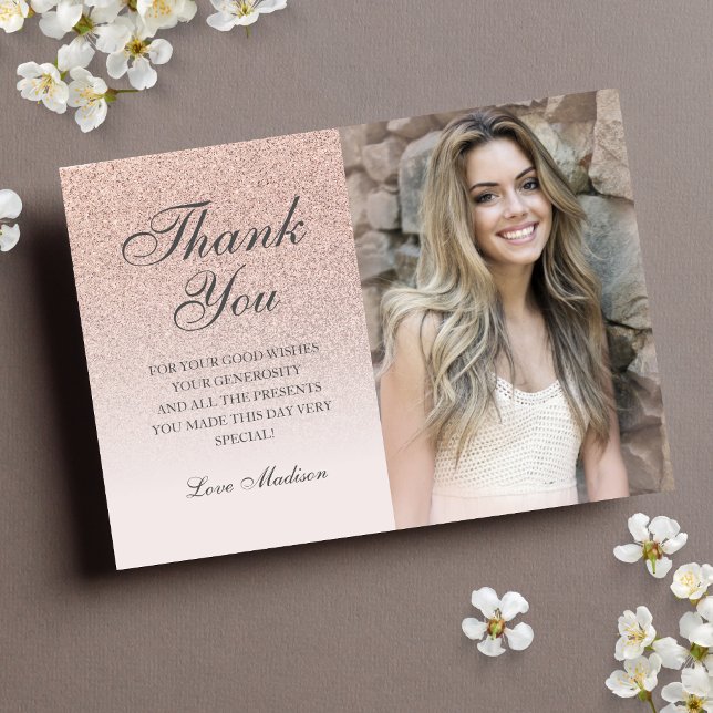 Rose gold glitter photo thank you chic Quinceañera (Creator Uploaded)