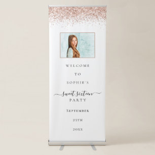 Rose Gold Glitter Photo Welcome Sweet 16 Party Retractable Banner
