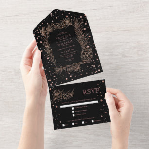Rose gold glitter pine, confetti black wedding all all in one invitation