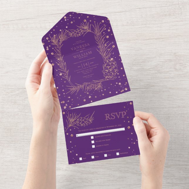 Rose gold glitter pine, confetti purple wedding all in one invitation (Tearaway)