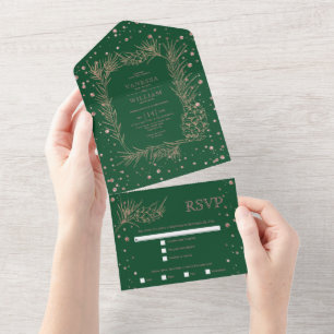 Rose gold glitter pine emerald green wedding all in one invitation