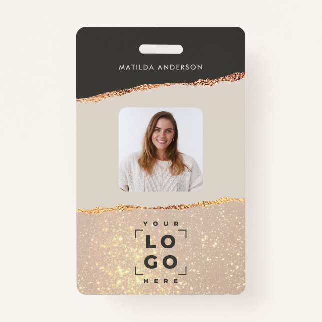 Rose gold glitter pink and black girly elegant ID badge (Front)