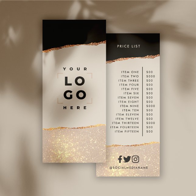 Rose gold glitter pink and black price list girly rack card (Creator Uploaded)