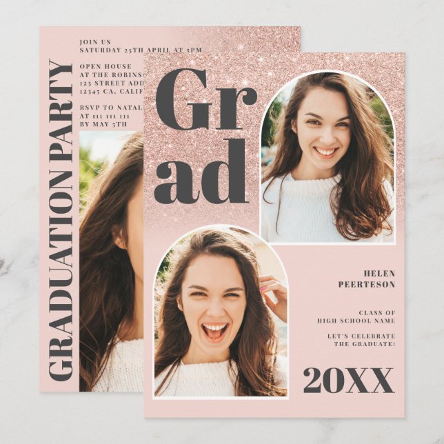 Rose gold glitter pink arch 3 photos graduation invitation (Front/Back)