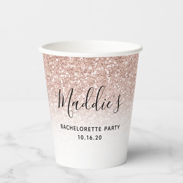 Rose Gold Glitter Pink Bachelorette Custom Name Paper Cups (Front)