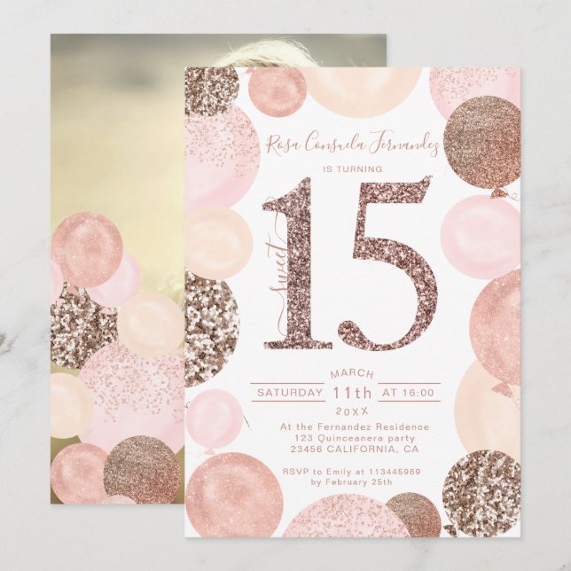 Rose gold glitter pink balloons Quinceanera photo Invitation (Front/Back)