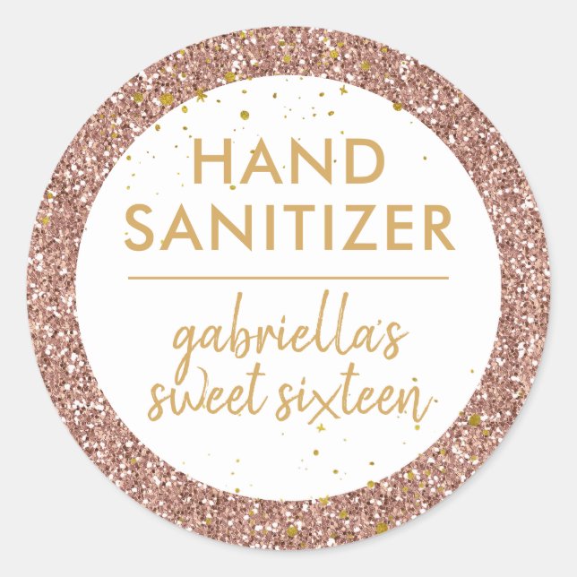 Rose Gold Glitter Pink Birthday Hand Sanitizer Classic Round Sticker (Front)