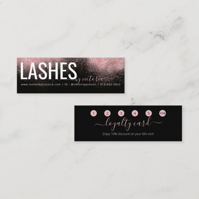 Rose Gold Glitter Pink Black Lash Technician Small Loyalty Card (Front/Back)