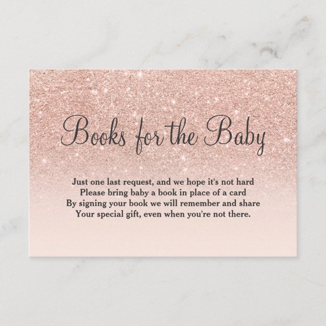 Rose gold glitter pink bring a book baby shower enclosure card (Front)
