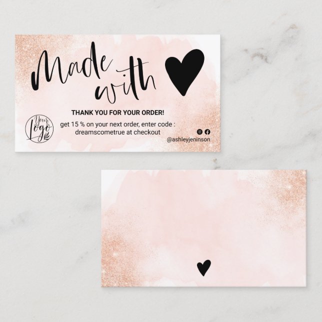 Rose Gold glitter pink brush logo thank you Business Card (Front/Back)