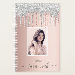 Rose gold glitter pink custom photo silver 2026 planner