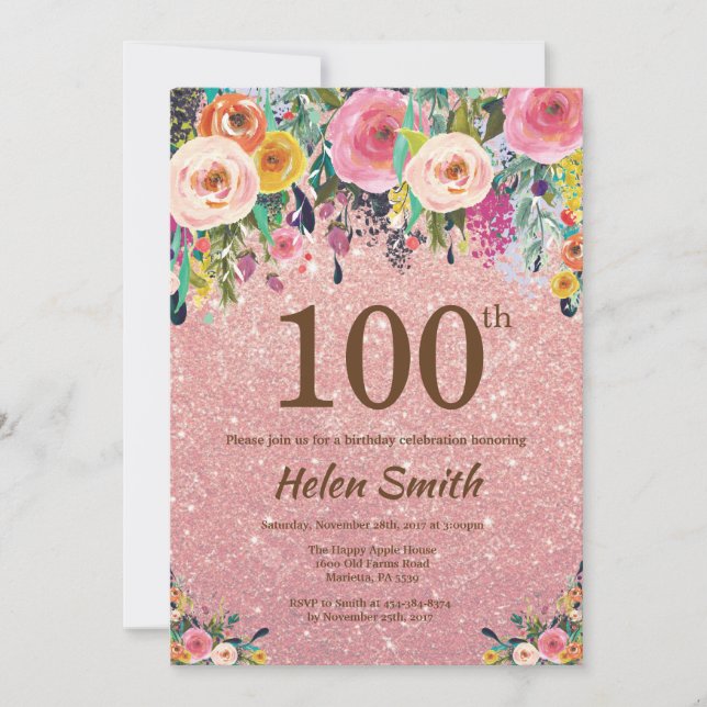 Rose Gold Glitter Pink Floral 100th Birthday Invitation (Front)