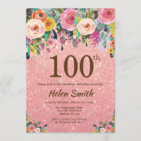 Rose Gold Glitter Pink Floral 100th Birthday