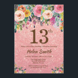 Rose Gold Glitter Pink Floral 13th Birthday Invitation<br><div class="desc">Rose Gold Glitter Pink Floral 13th Birthday Invitation for Girl. Watercolor Floral Flower. Rose Gold Pink Glitter Background. Pink, Yellow, Orange, Purple Flower. Adult Birthday. 13th 15th 16th 18th 20th 21st 30th 40th 50th 60th 70th 80th 90th 100th, Any Ages. For further customisation, please click the "Customise it" button and...</div>