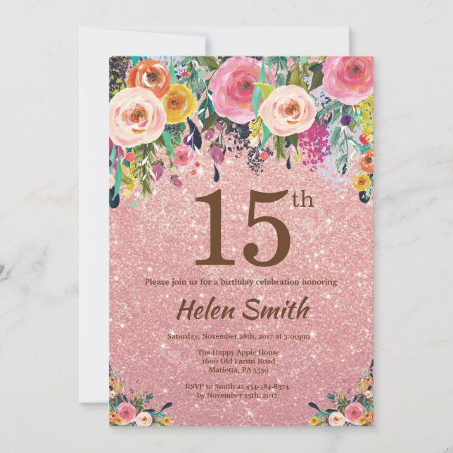 Rose Gold Glitter Pink Floral 15th Birthday Invitation (Front)