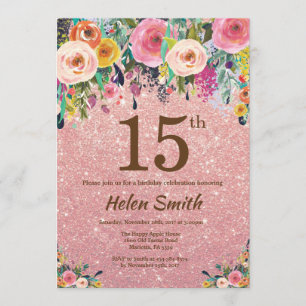 Rose Gold Glitter Pink Floral 15th Birthday Invitation