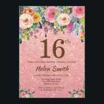 Rose Gold Glitter Pink Floral 16th Birthday Invitation<br><div class="desc">Rose Gold Glitter Pink Floral 16th Birthday Invitation for Girl. Watercolor Floral Flower. Rose Gold Pink Glitter Background. Pink, Yellow, Orange, Purple Flower. Adult Birthday. 13th 15th 16th 18th 20th 21st 30th 40th 50th 60th 70th 80th 90th 100th, Any Ages. For further customisation, please click the "Customise it" button and...</div>