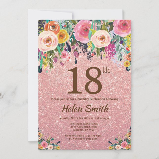 Rose Gold Glitter Pink Floral 18th Birthday Invitation (Front)