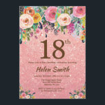 Rose Gold Glitter Pink Floral 18th Birthday Invitation<br><div class="desc">Rose Gold Glitter Pink Floral 18th Birthday Invitation for Women. Watercolor Floral Flower. Rose Gold Pink Glitter Background. Pink, Yellow, Orange, Purple Flower. Adult Birthday. 13th 15th 16th 18th 20th 21st 30th 40th 50th 60th 70th 80th 90th 100th, Any Ages. For further customisation, please click the "Customise it" button and...</div>