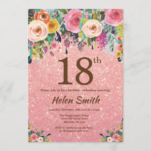 Rose Gold Glitter Pink Floral 18th Birthday Invitation