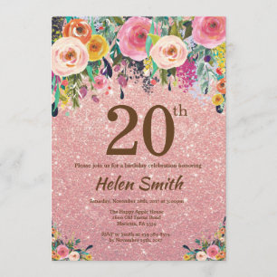 Rose Gold Glitter Pink Floral 20th Birthday Invitation