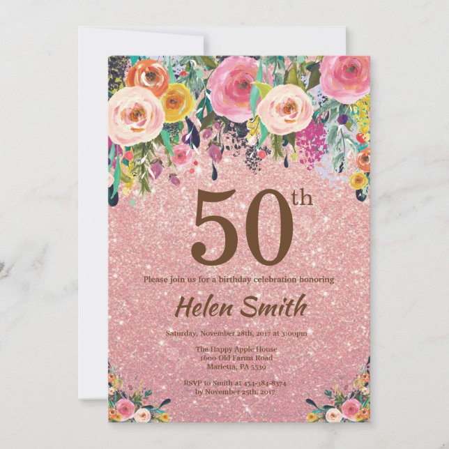 Rose Gold Glitter Pink Floral 50th Birthday Invitation (Front)