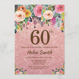 Rose Gold Glitter Pink Floral 60th Birthday Invitation