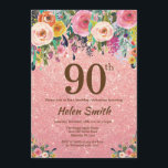 Rose Gold Glitter Pink Floral 90th Birthday Invitation<br><div class="desc">Rose Gold Glitter Pink Floral 90th Birthday Invitation for Women. Watercolor Floral Flower. Rose Gold Pink Glitter Background. Pink, Yellow, Orange, Purple Flower. Adult Birthday. 13th 15th 16th 18th 20th 21st 30th 40th 50th 60th 70th 80th 90th 100th, Any Ages. For further customisation, please click the "Customise it" button and...</div>