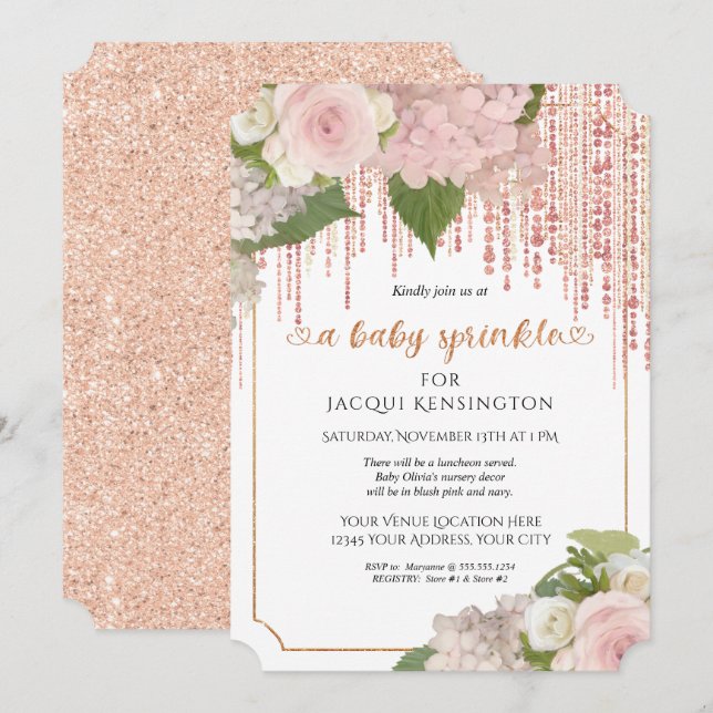 Rose Gold Glitter Pink Floral Baby Girl Sprinkle Invitation (Front/Back)