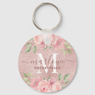Rose Gold Glitter Pink Floral Bridesmaid Monogram Key Ring