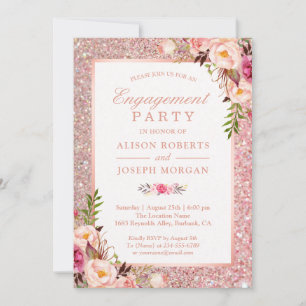 Rose Gold Glitter Pink Floral Engagement Party Invitation