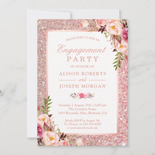 Rose Gold Glitter Pink Floral Engagement Party Invitation (Front)