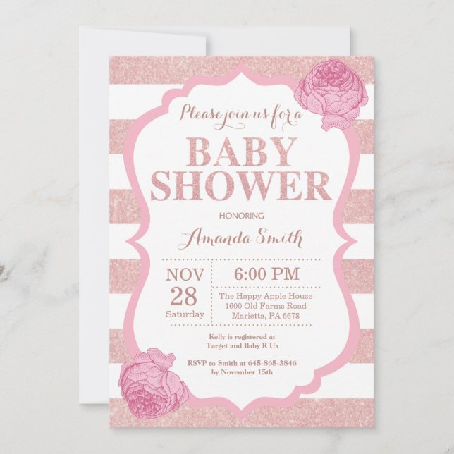 Rose Gold Glitter Pink Floral Girl Baby Shower Invitation (Front)