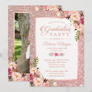 Rose Gold Glitter Pink Floral Graduation Party Invitation