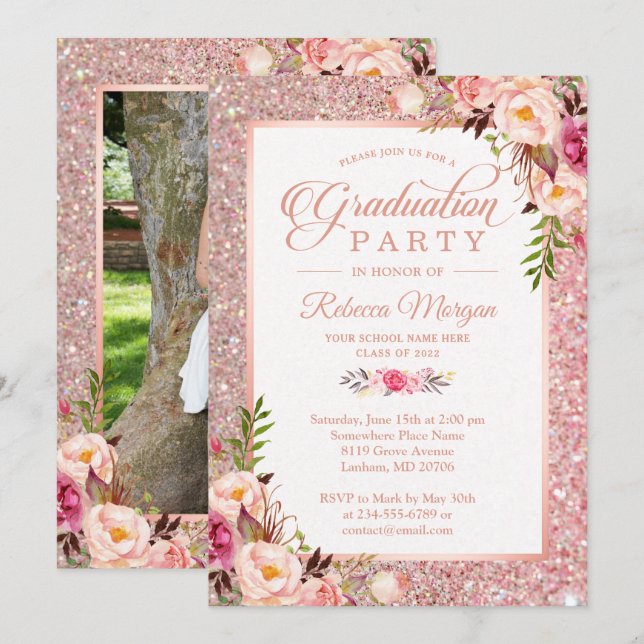 Rose Gold Glitter Pink Floral Graduation Party Invitation (Front/Back)