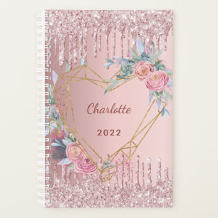 Rose gold  glitter pink floral monogram 2022 planner