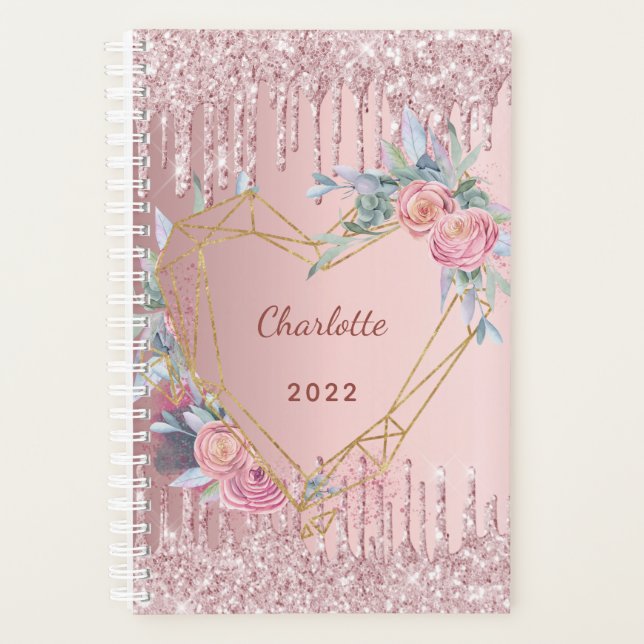 Rose gold  glitter pink floral monogram 2022 planner (Front)