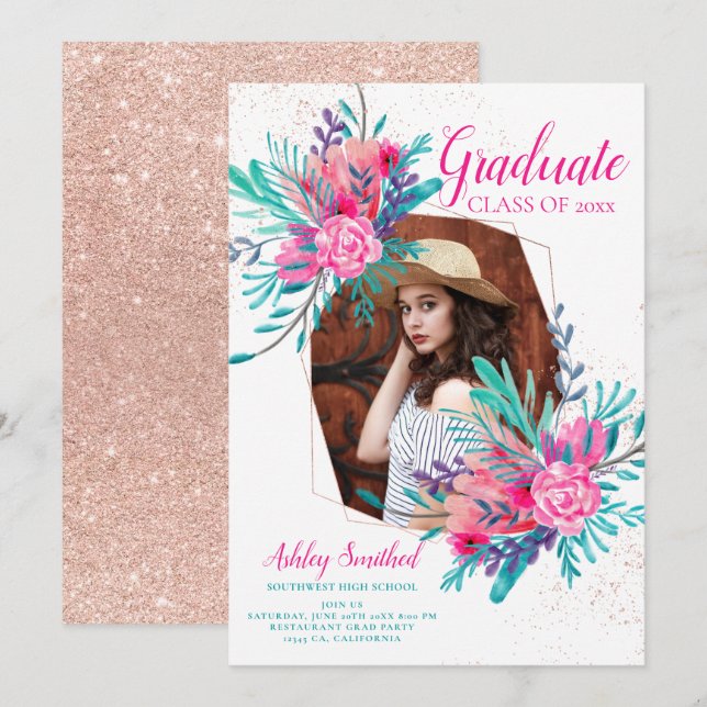Rose gold glitter pink floral photo graduation invitation (Front/Back)